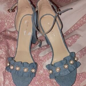 Marc Fisher Blue Denim Heels with Pearl Accents